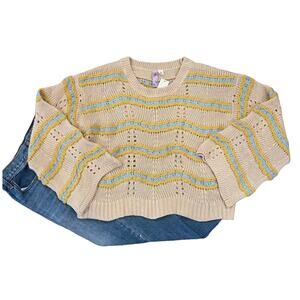 NWT Francesca's Alya Taupe W/Gold & Blue Stripes Scalloped Sweater - SIZE LARGE
